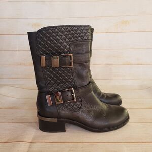 Vince Camuto Leather Welton Round Toe Boots Buckles Quilted Black Size 8M